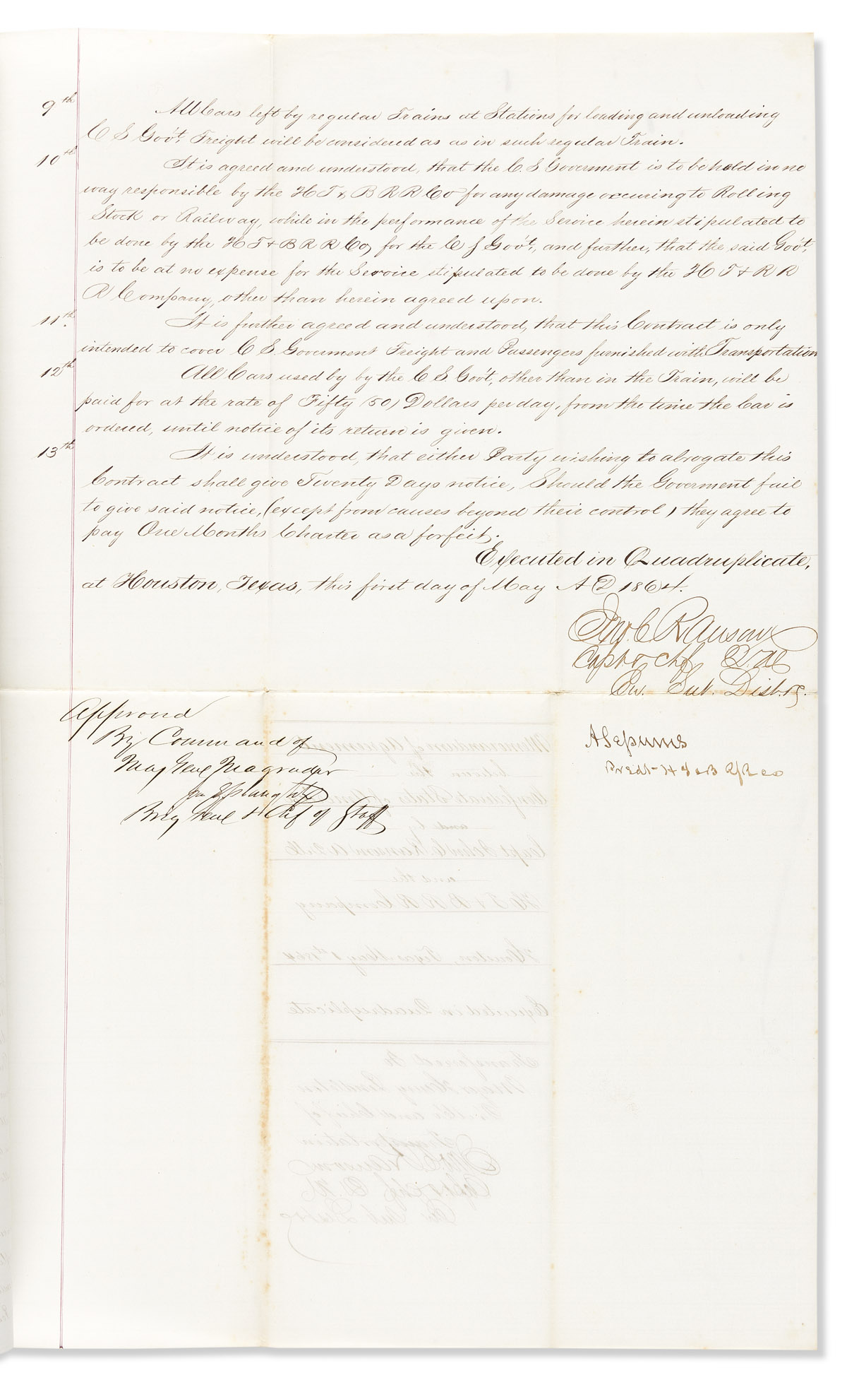 (CIVIL WAR--TEXAS.) Contract for a Texas railroad to serve the Confederacy, signed by a general.